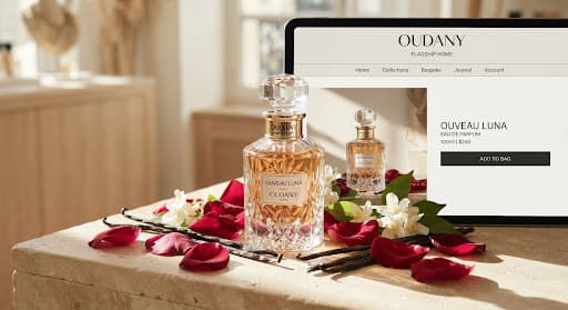 Crystal perfume flacon among red rose petals, vanilla beans and jasmine