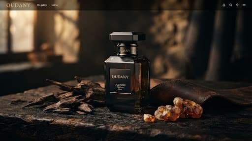 Black perfume flacon among charred agarwood chips, leather and amber resin