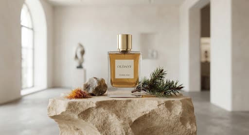 Minimal perfume flacon on a sculpted sandstone block beside cedar branches