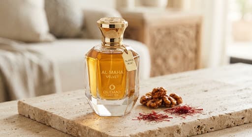 Oudany Al-Maha Velvet golden perfume bottle on a travertine slab beside saffron threads and walnuts