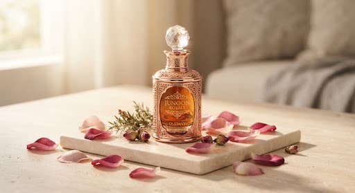 Oudany Junoon Royale perfume bottle in warm rose-gold tones surrounded by rose petals