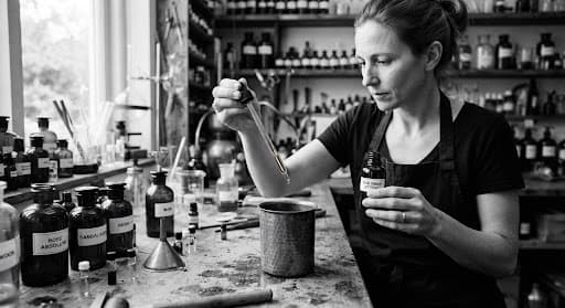 Black and white photograph of a perfumer measuring fragrance oil at a laboratory bench