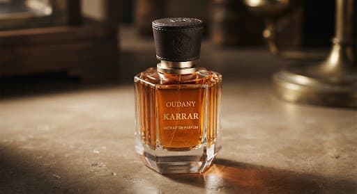 Oudany Karrar perfume flacon with a dark leather cap and amber liquid on a stone surface