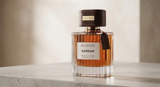 Close view of the Oudany Karrar flacon with a gold-lettered label